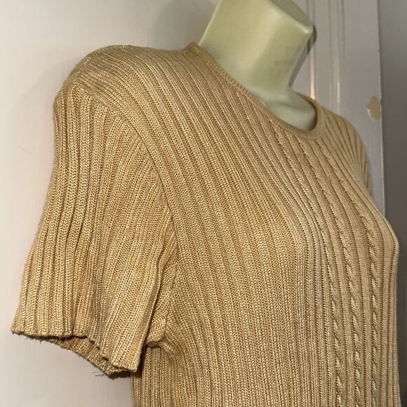 Vintage 80s Liz Claiborne Collection gold ribbed rayon short sleeve sweater - Picture 5 of 8
